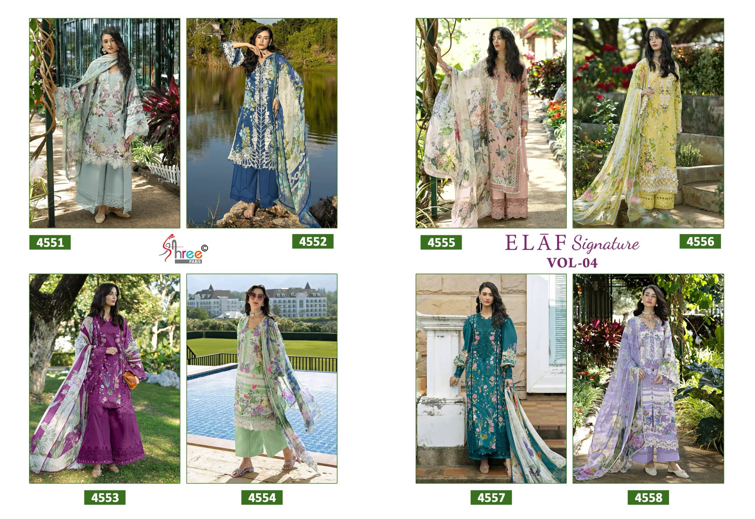 SIGNATURE VOL 4 BY ELAF 4551 To 4558 Series Beautiful Festive Suits Stylish Fancy Colorful Ethnic Wear PURE COTTON Print Dresses At Wholesale Price